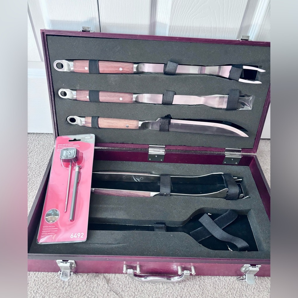 Never used- grilling utensils in wooden case